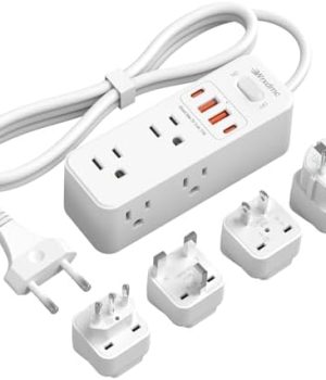 European Travel Plug Adapter, WRXDMC Universal Power Adapter for EU UK DE JP,6 AC Outlets, 4 USB Ports with 5ft Extension Cord, International Power Strip, Compact for Travel, Cruise Ship Must Have