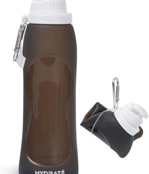 HYDRATE Collapsible Water Bottles for Travel – 17oz Foldable Pocket Bottle – Portable, Flexible, Compact Roll Up Bottles with Carabiner – Refillable Pouch for Hot and Cold Drinks (Black)