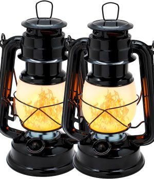 YAKii LED Vintage Flame Lantern Metal Outdoor Hanging Lantern with Dancing Flame Battery Operated Halloween Outdoor Indoor Decoration(Black Pack of 2)